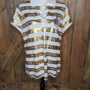 Beverly Hills Polo Co. Vintage Gold Metallic White Stripes Polo Shirt Y2k Sz 2X